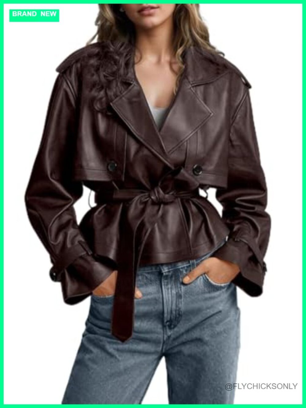 Women's Faux Leather Belted Trench Coat Moto Business Casual Jacket